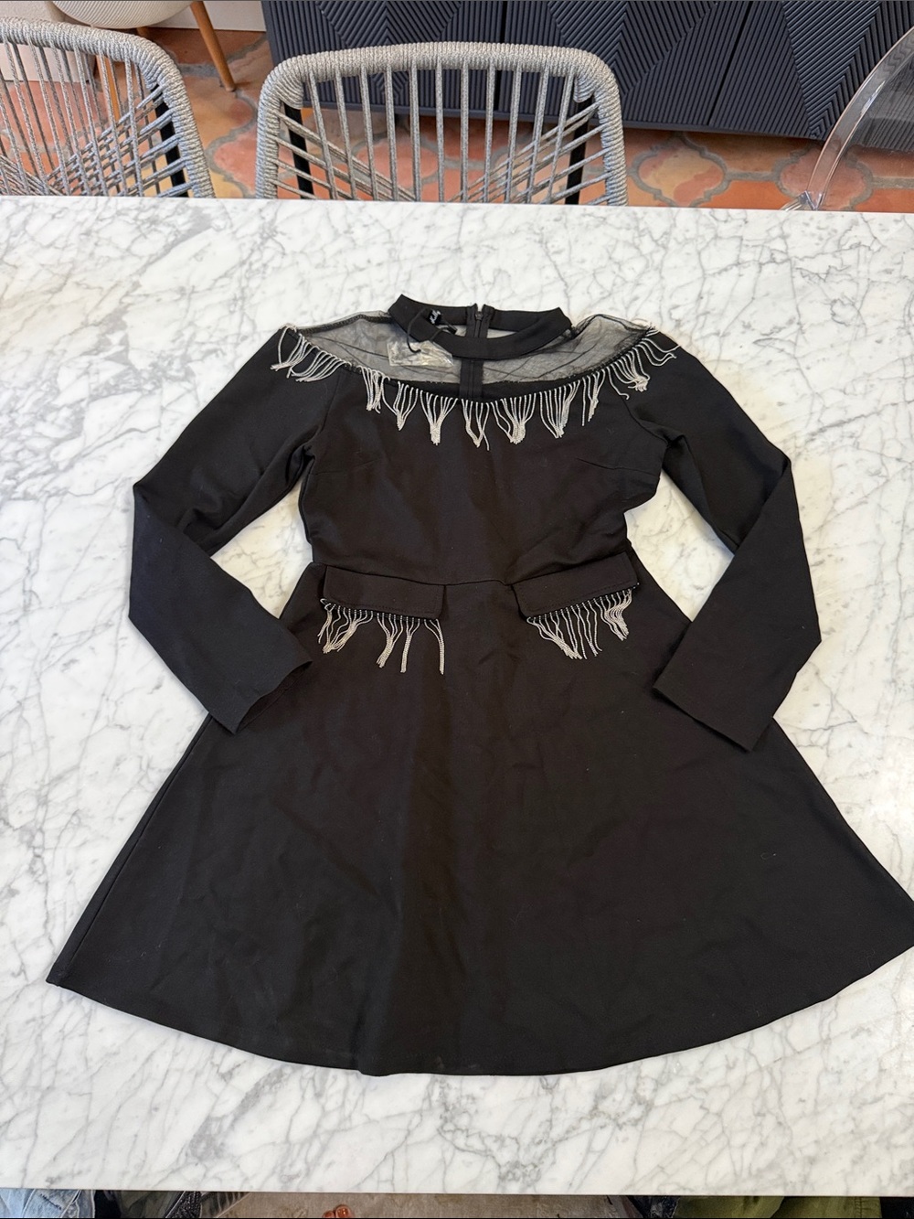 NWT Womens Western Black Long-Sleeve Dress with Fringe Trim Sz M